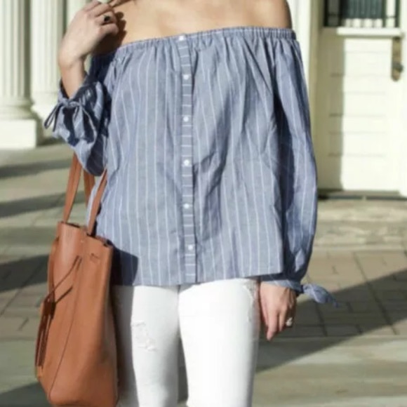 Gray off shoulder long sleeve shirt gray white stripe tie cuffs NORDSTROM BP - Picture 2 of 9
